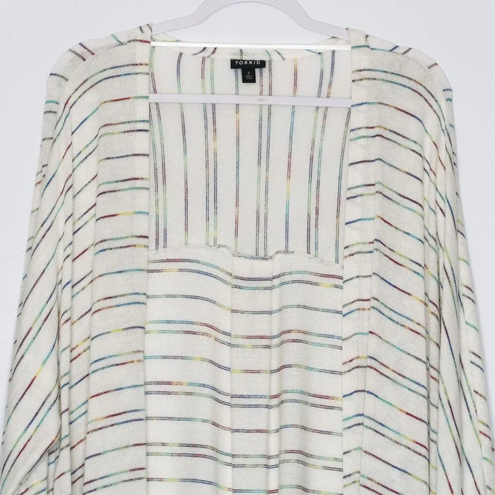 Torrid White Open Front‎ Cardigan Size 2X Multicolor Striped Rainbow Long Sleeve